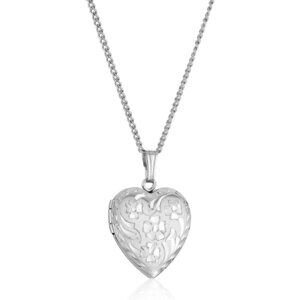 14k Engraved Flowers Heart Locket Necklace for Women Vintage Silver Jewelry